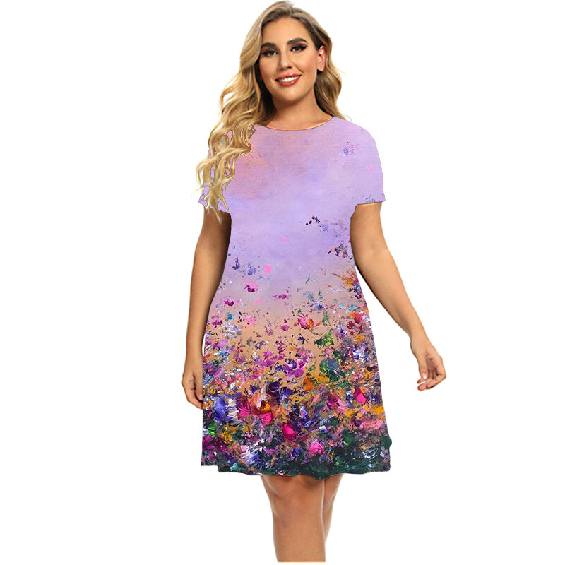 Lato Retro kwiatowy wzór w rośliny sukienki dla 2023 kobiet odzież Plus rozmiar z krótkim rękawem luźne ubrania Casual 3D sukienka z nadrukiem