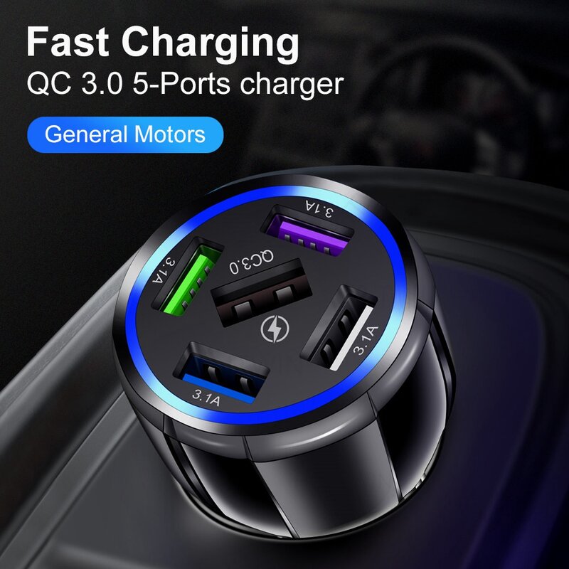 5 Ports USB Car Charger Quick Charge 3.0 Fast Car Lighter for Samsung Huawei Xiaomi iPhone Car Charger QC