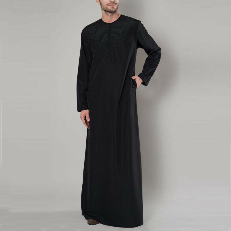 Vintage Loose Muslim Caftan Robes Men Long Sleeve Fashion Islam Thobe Man Leisure Solid Colour Pattern Islamic Muslim Clothing