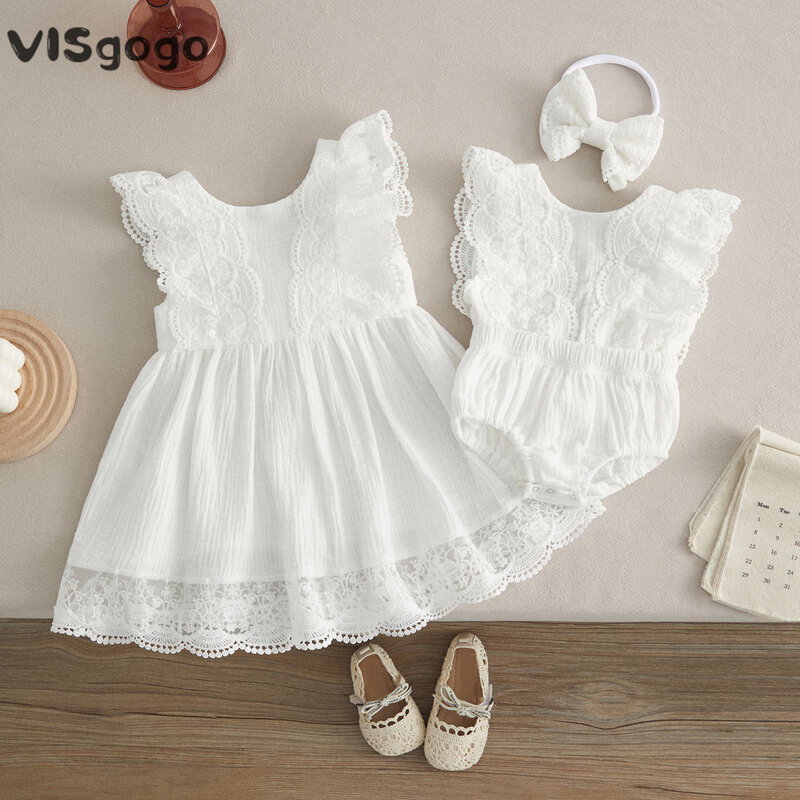 VISgogo Baby Mädchen Schwester Passenden Outfit Baby Sommer Kleidung Weiß V-ausschnitt Ärmellose Spitze Rüsche Bogen Strampler/Kleid Kleidung