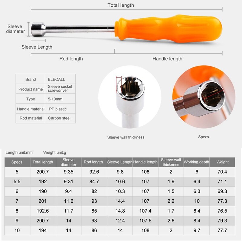 Nut Shank Drill Bit Screwdriver, Chave soquete, 6 Chave Angular, 190-200mm, 1Pc, 5, 6.5, 6, 7, 8, 9, 10mm, Laranja