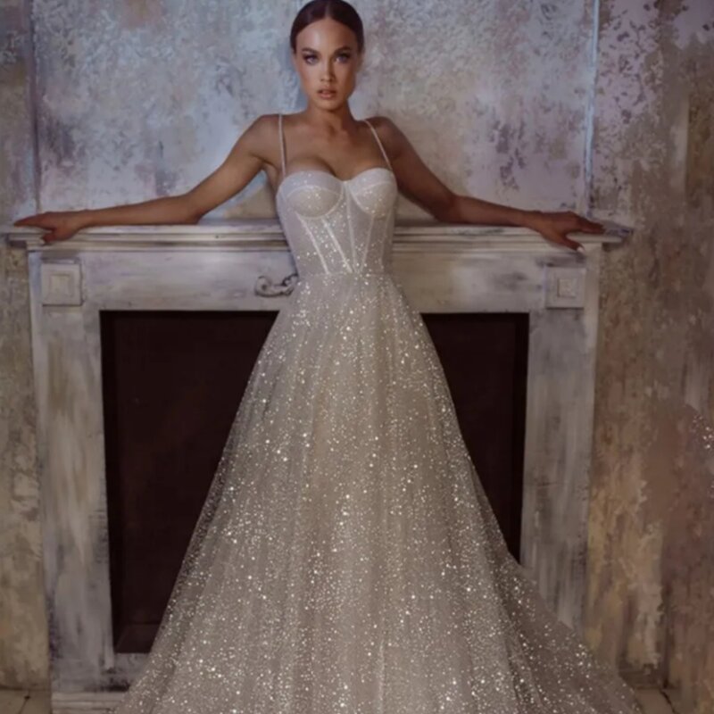 Elegan Spaghetti Glitter Material A-Line Wedding Dresses Bridal Gowns sweep train Floor Length Bride Dress vestidos de novia