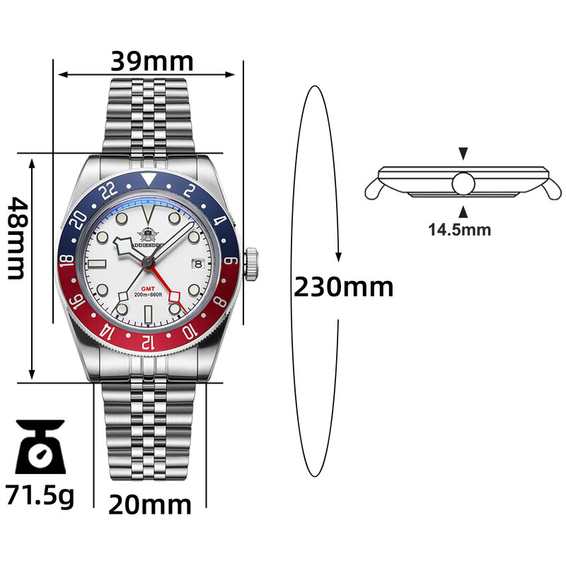 ADDIESDIVE-aço inoxidável super luminoso quartzo relógio para homens, movimento GMT, 200m mergulhador relógios, venda quente, AD2044