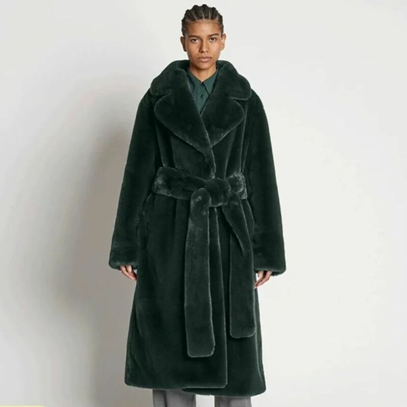 Długi płaszcz z imitacją futra z futra z futra królika, zagęszczony jesienno-zimowy damski pluszowy płaszcz typu slim fit