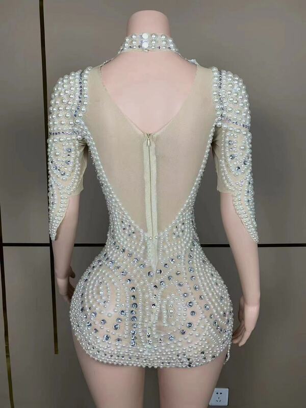 Индивидуальное сексуальное Сетчатое кружевное жемчужное прозрачное высокоэластичное облегающее платье с блестками платье для вечеринки на день рождения платье для выступления