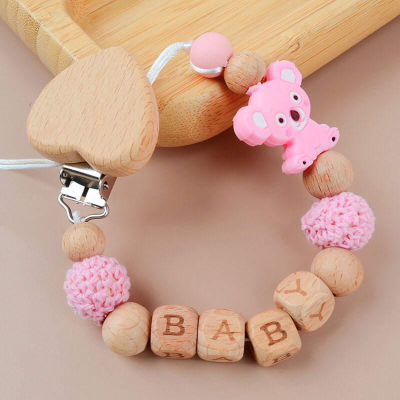 Personalizzato inglese legno di faggio Silicone lettera nome bambino Koala supporto per ciuccio clip catene masticare giocattolo massaggiagengive catena ciucci per bambini