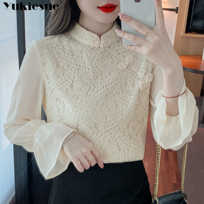 Lace Hooked Embroidery Flower Romantic Long Sleeve Shirt Spring Autumn Women's Vintage Disc Button Mock Neck Temperament Shirt