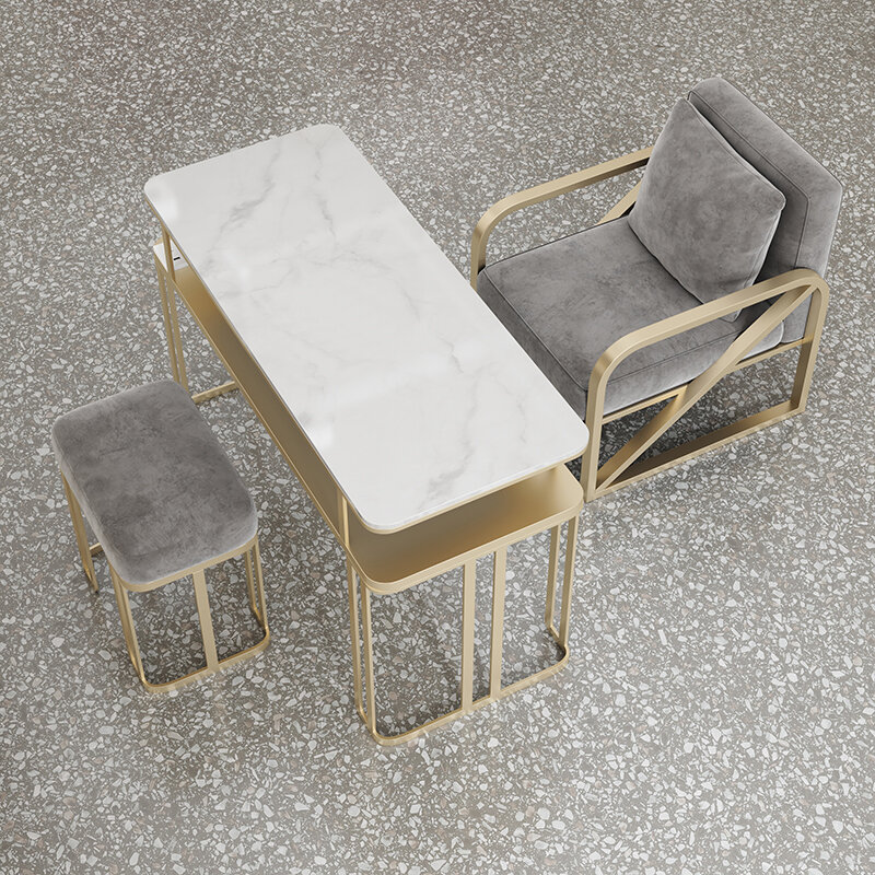 Mesa de unhas estética moderna, Conjunto de móveis nórdicos, Mesa de unhas dourada, Design de arte, Organizador branco