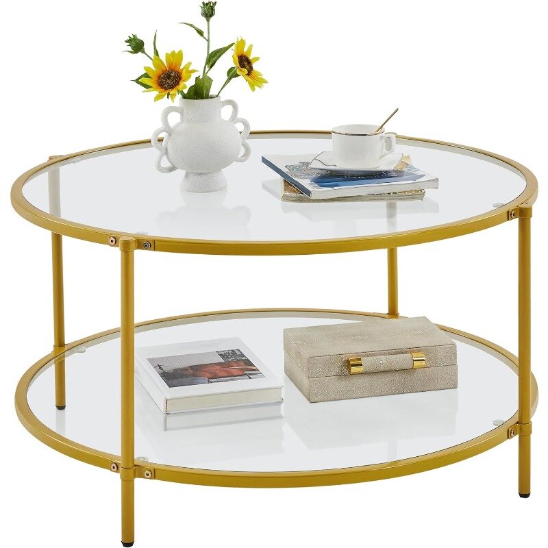 Złoty szklany stolik do kawy do salonu, 36-calowy okrągły szklany stolik do kawy z metalową ramą, okrągły stolik kawowy do domu, biura