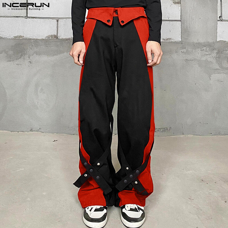 INCERUN 2024 Korean Style New Men's Trousers Patchwork Cross Design Long Pants Leisure Stylish Contrasting Color Pantalons S-5XL