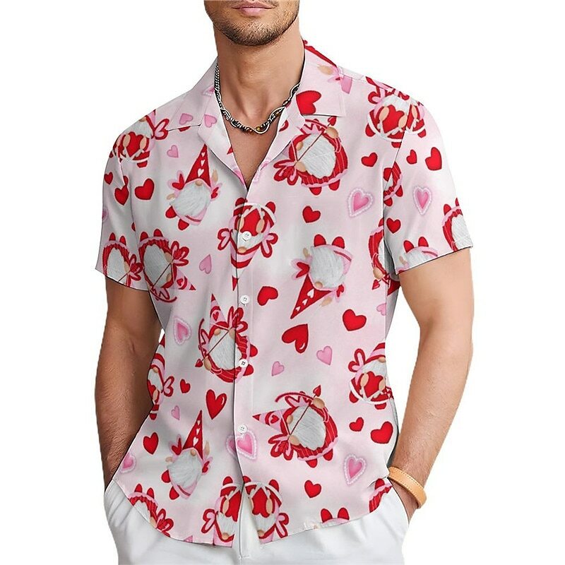 남성용 3D 핑크 러브 프린트 하와이안 셔츠, 오버사이즈 루즈 반팔 셔츠, 하이 퀄리티 상의, 2024 여름 신상
