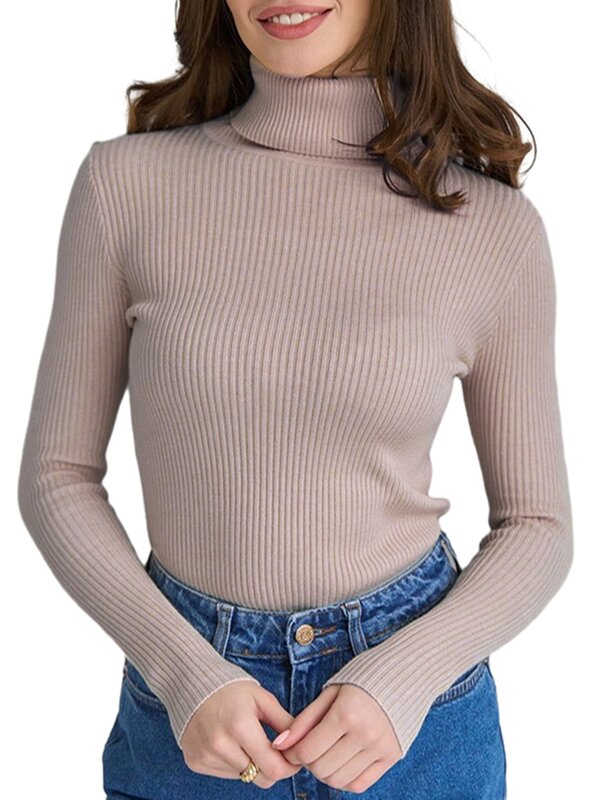 Women High Neck Ribbed Knit Sweater Long Sleeve Slim Fitted Knitted Pullover Tops  Casual Solid Color Bodycon Jumper
