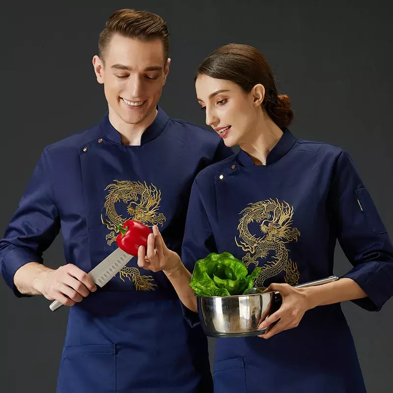 Dragon Hotel Adult Work Jackets Restaurant Embroidery Chef Clothes Uniform Waiter Shirts Sleeve Long Plus Size Kitchen