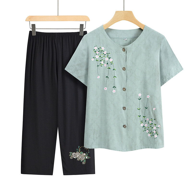 Pijama de abuela para mujer, conjunto de 2 piezas, ropa de dormir de manga corta, ropa de casa, cárdigan estampado, 4XL