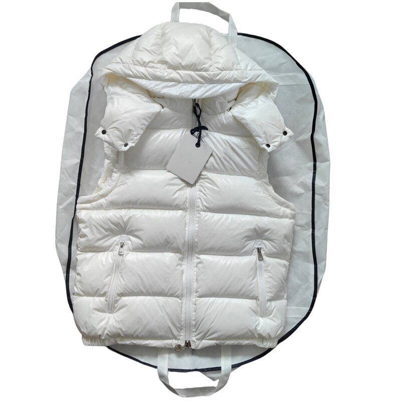 Colete baixo monocromático com capuz masculino com logotipo bordado, ganso branco, incluindo NFC e QR Code, envia sacos de poeira, inverno