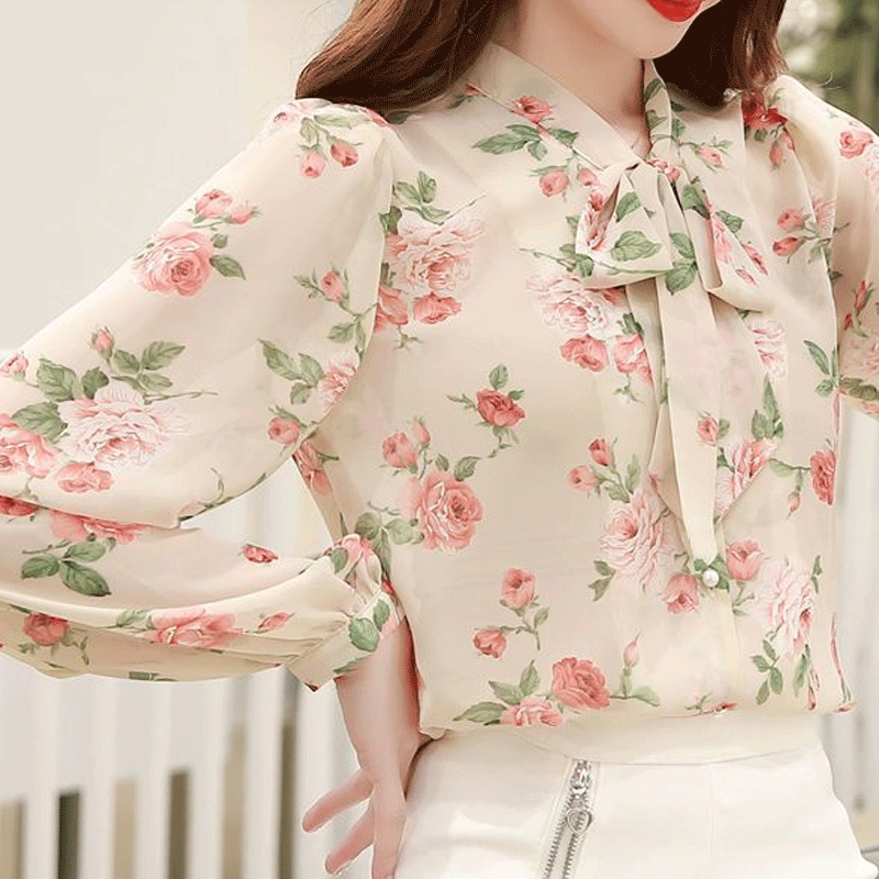 Camisa de manga larga con estampado francés para mujer joven y mediana, camisa versátil con botones y lazo empalmado, primavera y verano, 2023