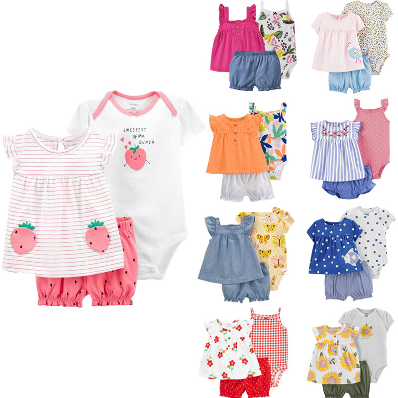 مجموعة ملابس لحديثي الولادة مكونة من 3 قطع بطباعة زهور ، موضة طفلة صغيرة ، شورت بأكمام قصيرة ، بذلة حبال ، ملابس رضع ، ملابس صيفية