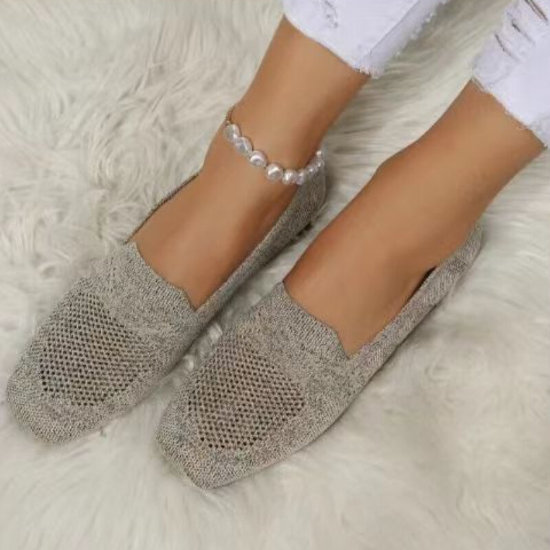 2024 Solid Color Square Toe Mesh Loafers Shallow Women Flats Shoes Soft Bottom Knit Ballet Flats Shoes Casual Slip on Boat Shoes