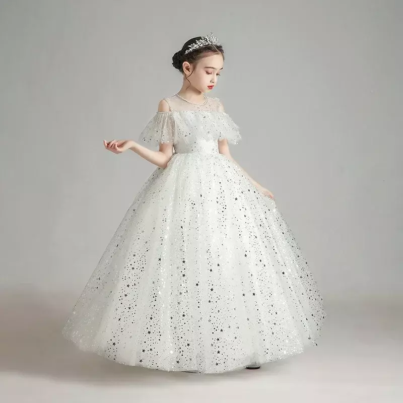 فستان أميرات منفوش للأطفال ، فستان زفاف فتاة بزهرة ، أداء بيانو ، فتاة صغيرة