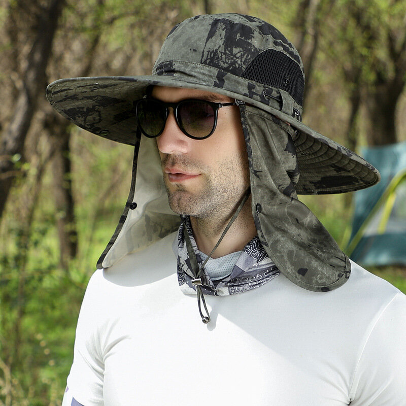 Chapéu de balde masculino com véu xale, camuflagem, prevenção de areia, chapéu de sol do exército, impermeável, boné de pesca ao ar livre, 12cm, 3 peças, verão
