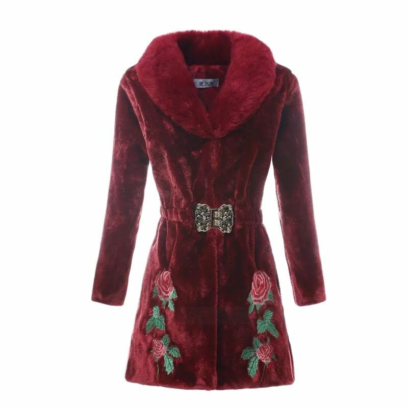 女性の刺mother秋/冬の服,厚いミンクのベルベットジャケット,Vネック,女性のフェイクファー,ロングコート