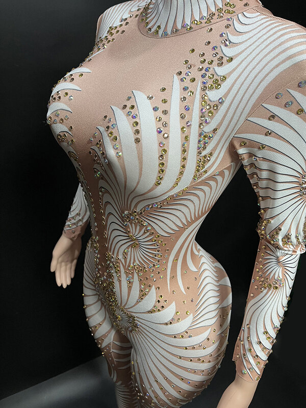 Customized New Long Sleeve Rhinestone High Elastic Sequins Sexy Tight jumpsuit Birthday Party Long Dress Performance Dress