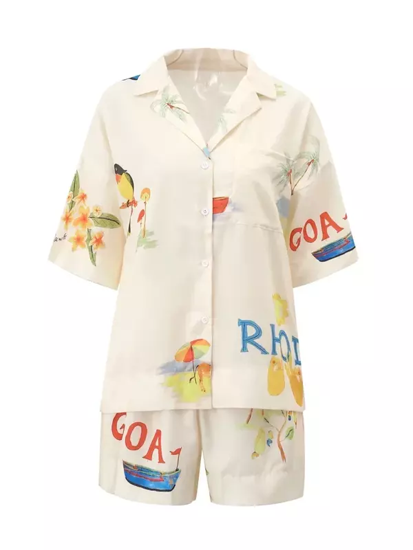 Padrão de flor e pássaro feminino camisa de manga curta com decote em v, blusa de botão, shorts de cintura alta, conjunto de 2 peças, 2024