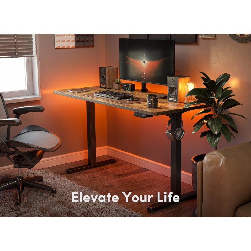 FEZIBO-Mesa Elétrica em Pé, Altura Ajustável, Sente-se Stand-up Desk, Home Office Desk, Mesa de Computador Rústico, 55x24 in