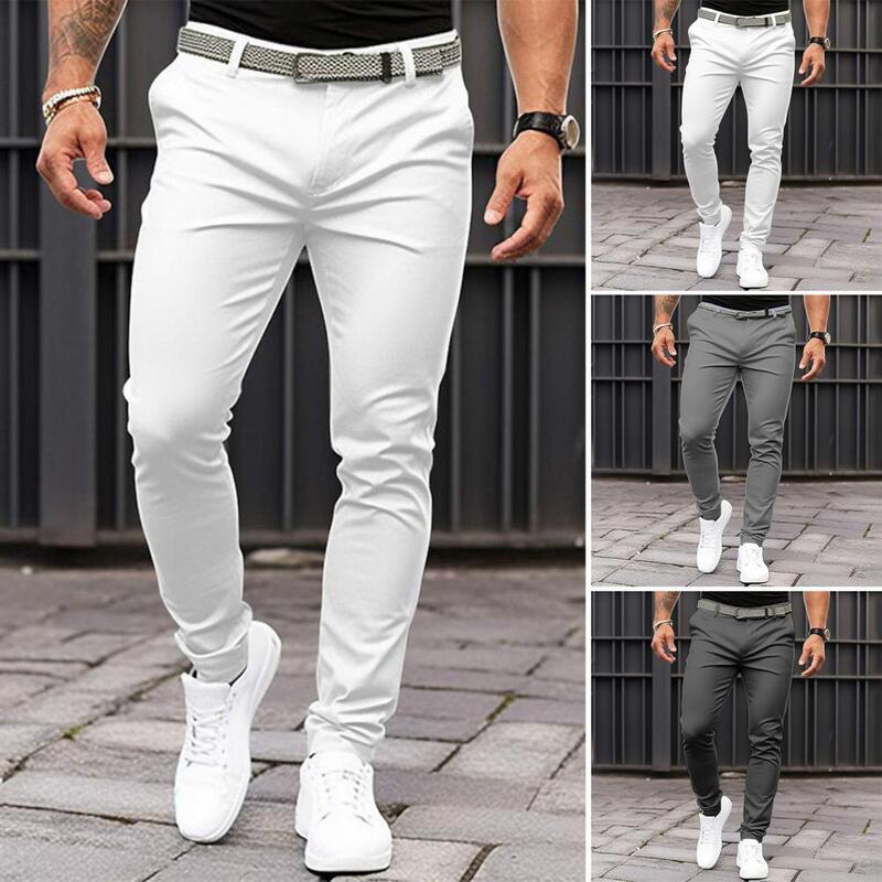 Calça masculina slim fit de cor sólida, bolsos inclinados de origem média, costura fina, calças de escritório comercial