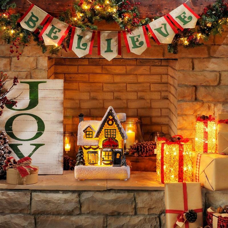 Vila iluminada do Natal com luzes LED, casa de cabine brilhante, luz noturna do floco de neve