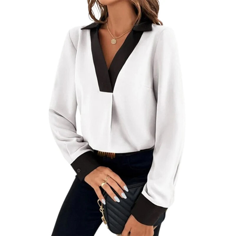 Fashion Color Contrast V Neck Pullover Shirt Female Autumn Winter Daily Casual Commuter Blouse Women's Long Sleeve Straight Tops
