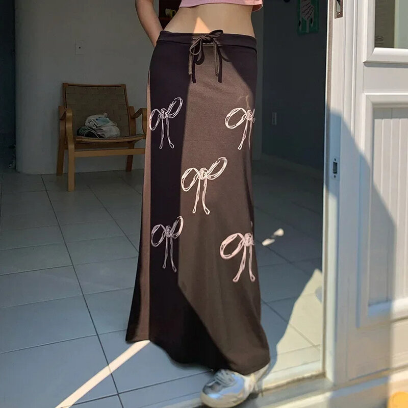 Women's Skirt Retro Elegant Multi-bow Print Skirt Chic Drawstring Strap High Waist Long Skirt Streetwear