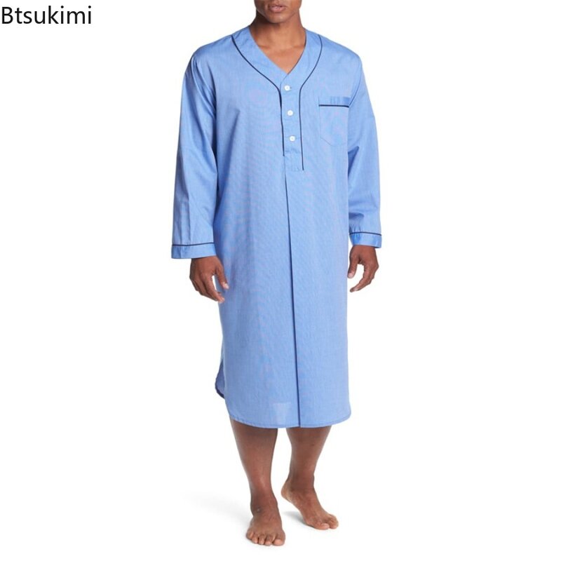 Nuovi uomini Night Robe allentato scollo a v manica lunga camicia da notte in cotone solido Comfort top Casual Homewear uomo musulmano abbigliamento Jubba Thobe