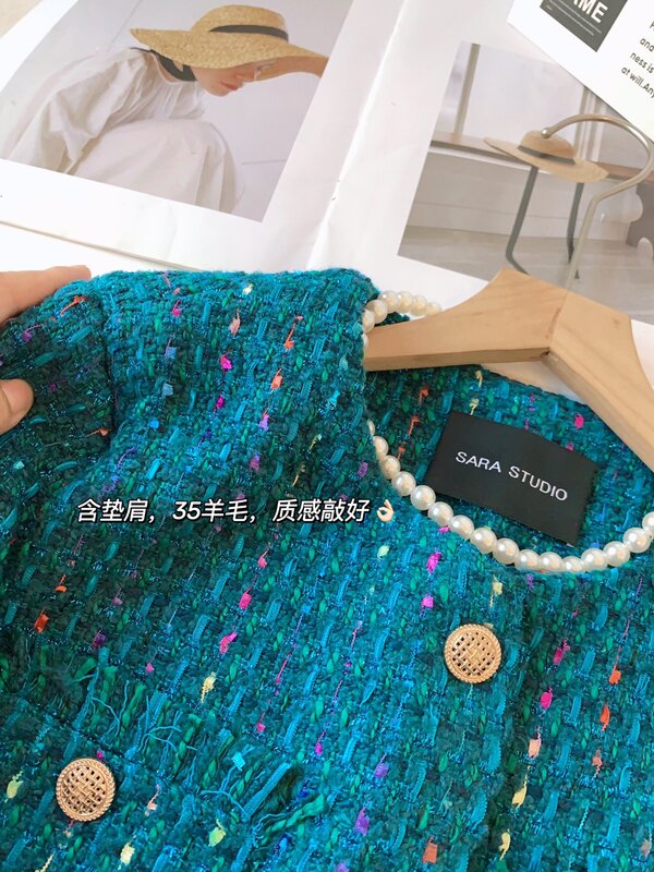 Abrigo de lana de Tweed de manga larga para mujer, ropa de abrigo adelgazante con cuello redondo, Color liso, otoño e invierno, 2023