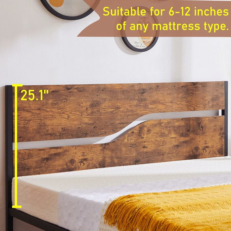 VECELO Pełnowymiarowa rama łóżka na platformie z rustykalnym drewnianym zagłówkiem i szafkami nocnymi, mocnym metalowym wspornikiem