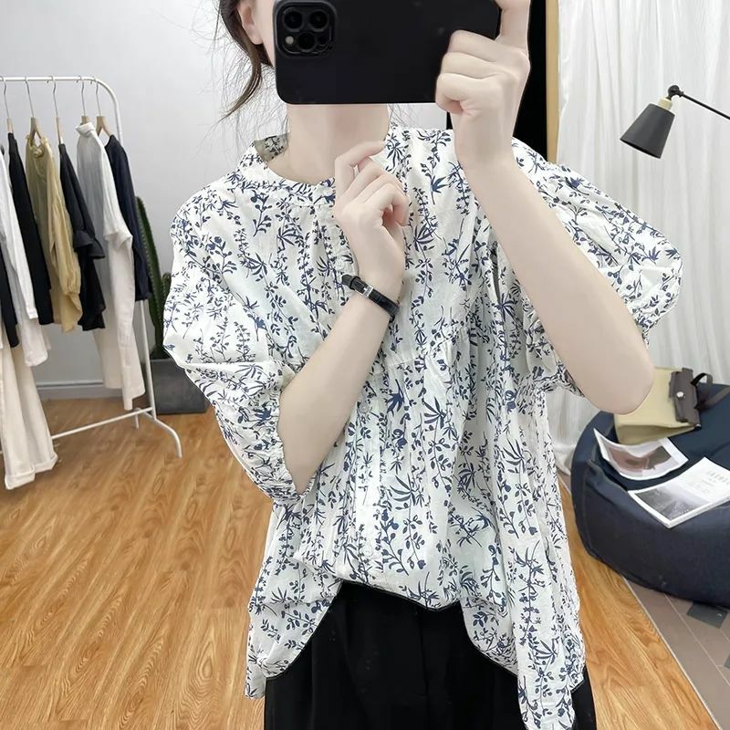 Elegante Mode Harajuku Slim Fit weibliche Kleidung locker lässig alle Match Tops Frauen gedruckt Knopf o Hals Kurzarm Blusa