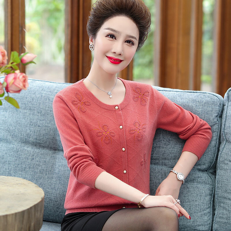 중년 어머니 패션 니트 가디건, 한국 루즈한 올매치 긴팔 니트웨어, 여성 상의, 2024 가을