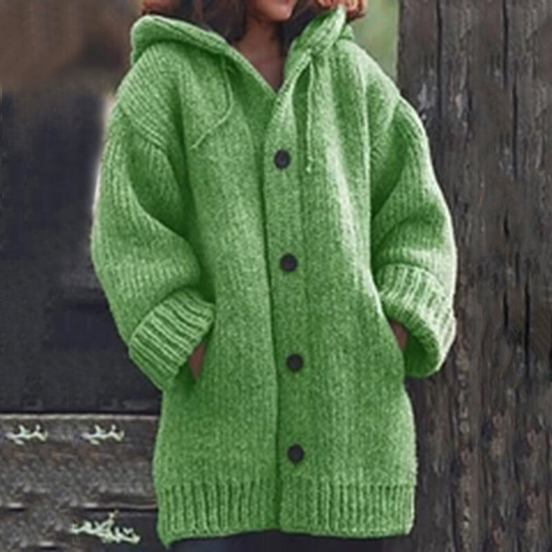 Kardigan rajut wanita, mantel Sweater hangat longgar wol, mantel rajut musim gugur musim dingin, kardigan panjang ukuran besar bertudung 2024