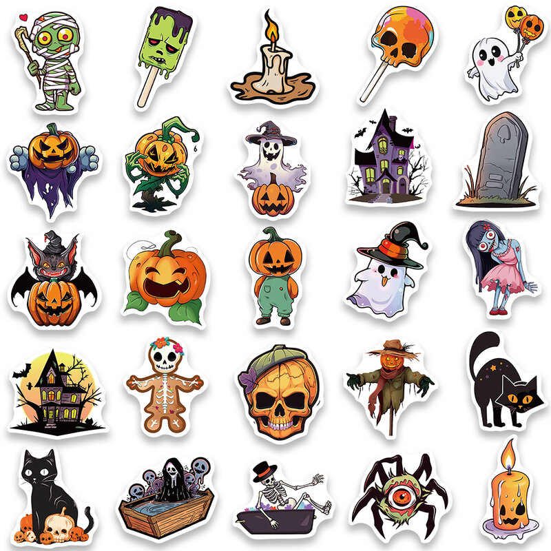50 Stuks Grappige Cartoon Pompoen Ghost Skull Halloween Stickers Voor Laptop Telefoon Waterfles Gitaar Bagage Vinyl Graffiti Stickers
