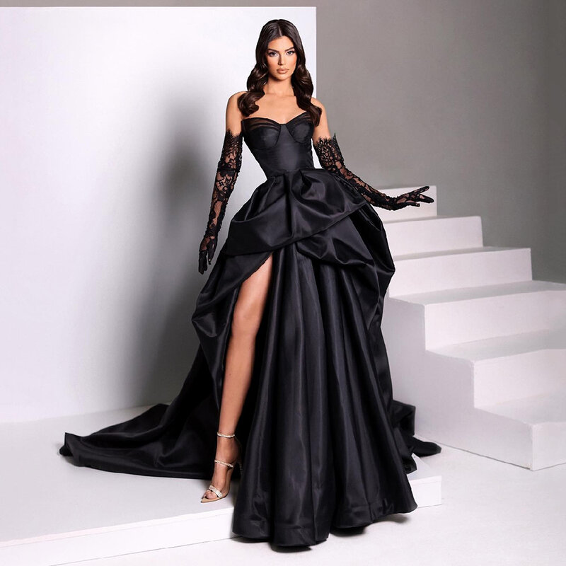 Сексуальное черное женское атласное платье с открытыми плечами для выпускного вечера платье с буфами и Боковым Разрезом Вечернее платье принцессы пикантное платье цвета коктейль кружевное с длинным рукавом