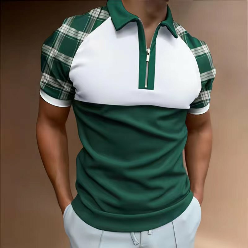 2022 novo verão de alta qualidade camisa polo dos homens listrado casual manga curta camisas dos homens turn-down colarinho zíper ocasional polo camisa