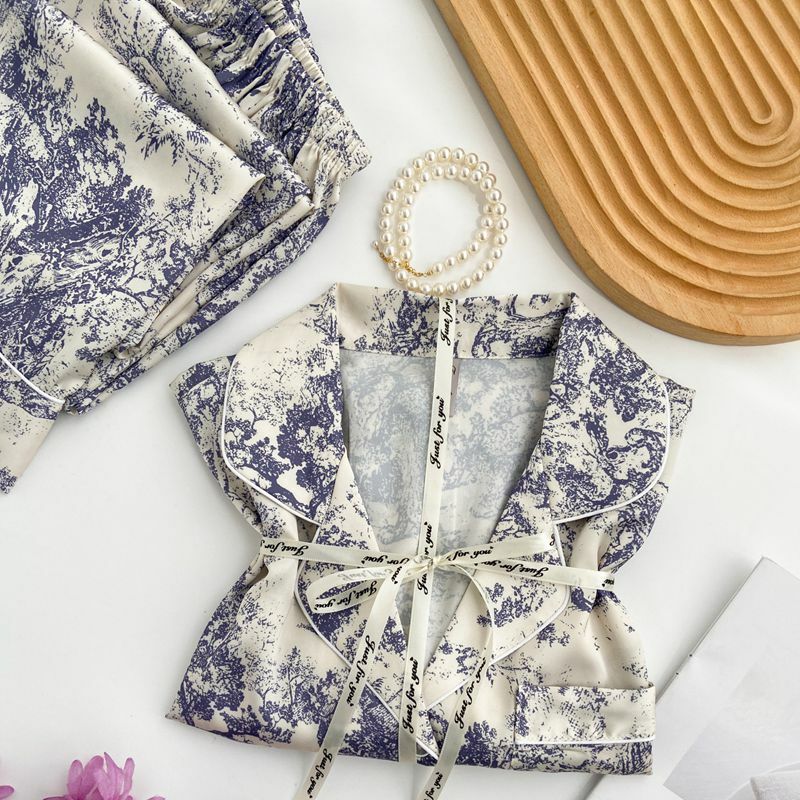 Ice Silk Female Pajamas Set Women's Spring Simple Ink Painting Shirt Trousers Two-piece Lapel Women's Sleepwear Casual Home Wear