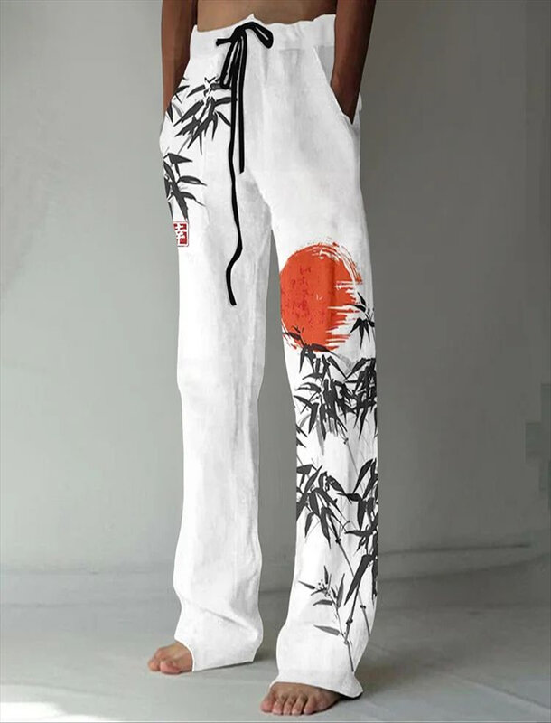 Calça casual slim fit impressa em 3D masculina, confortável, reta, tinta preta, padrão peixe, verão