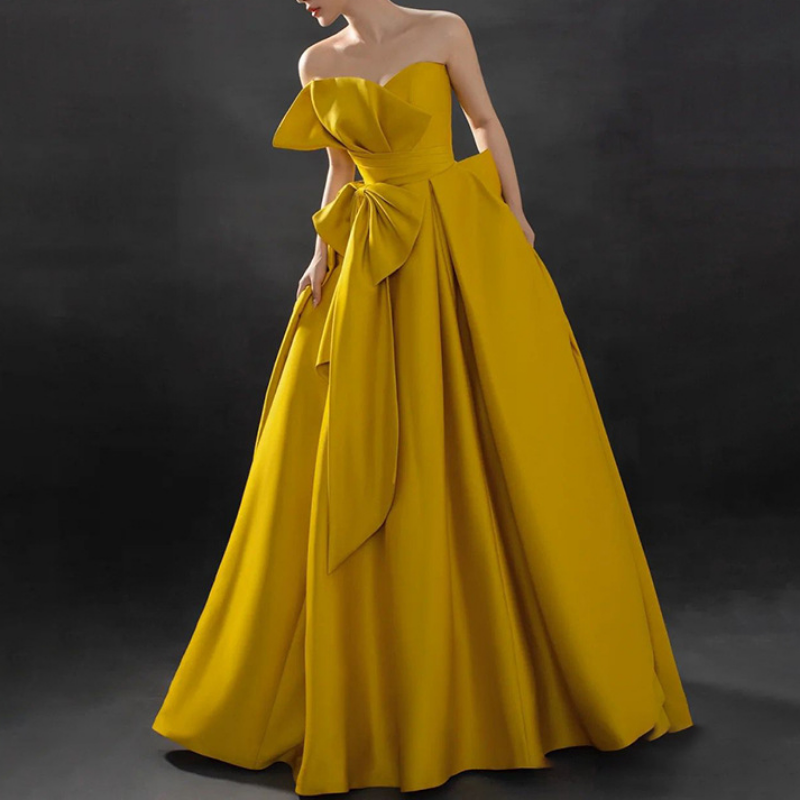 Cor amarela privada personalizado lindo Strapless Evening Dresses estilo francês com arco Fairy A linha Prom Party Gowns