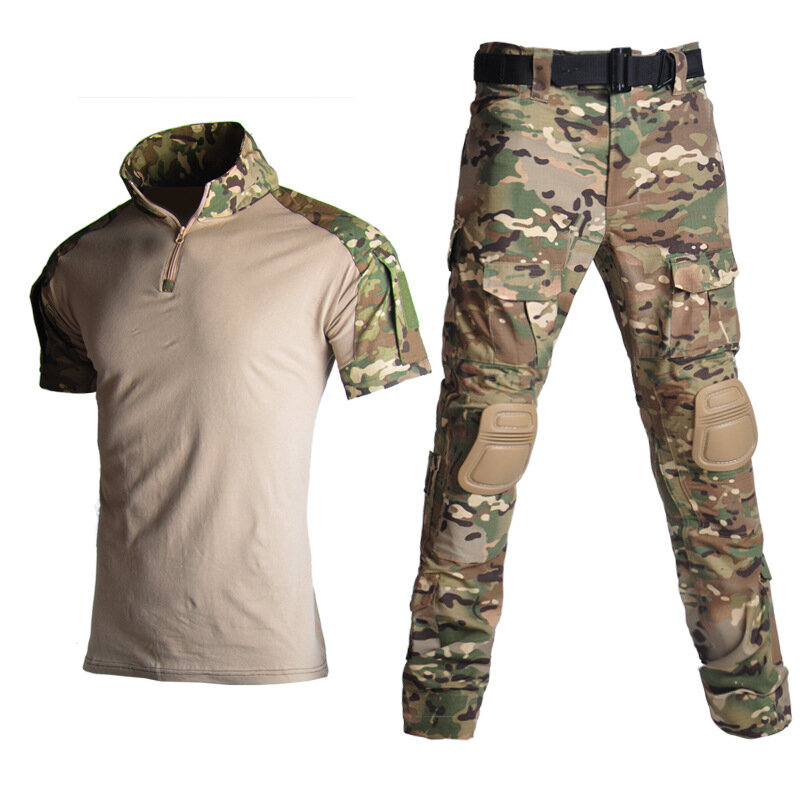 Man Camouflage Tactical Suits T-shirts Knee Pad Hiking Army Combat Shirt Pants Set Military Softshell Airsoft Fish Camp FROG USA