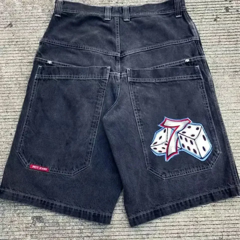 2024 Summer Shorts Personalized Retro Print JNCO Denim Shorts Loose Skateboard Print Trend Wide Leg Y2K Black Print Shorts