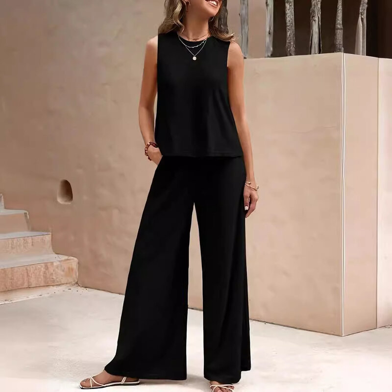 Casual Summer Two Piece Sets Women Summer Sleeveless Tank Top And Straight Wide Leg Pants Solid Outfits Streetwear