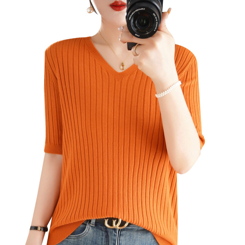 Женская трикотажная Базовая рубашка, однотонный пуловер с V-образным вырезом и короткими рукавами, весна-лето 2024