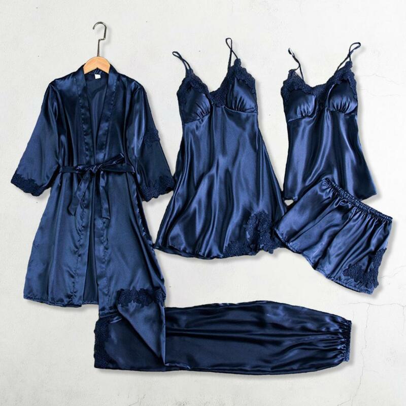 Conjunto pijama de seda cetim feminino, cetim, cintura com renda, pijama, camisola sedosa, shorts, elegante roupa de casa, 5 peças