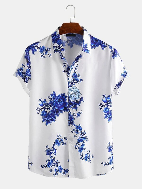 Camisa masculina de manga curta lapela, europeu e americano impresso camisa, pintura a tinta Casual Sudeste Asiático, flor de ameixa, S-3XL